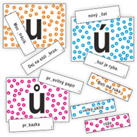 Samohlásky u-ú-ů - slovní spojení na kartičkách k procvičení psaní u/ú/ů